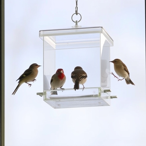 Clear window-mounted bird feeder with birds