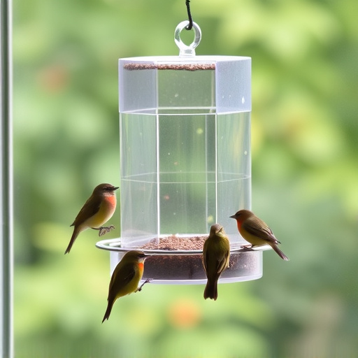 Clear window-mounted bird feeder with birds