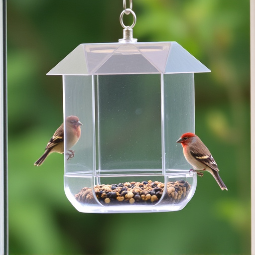 Clear window-mounted bird feeder with birds