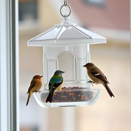 Clear window-mounted bird feeder with birds