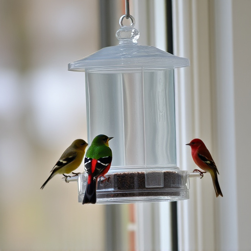 Clear window-mounted bird feeder with birds