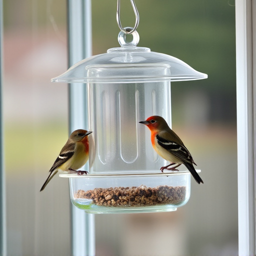 Clear window-mounted bird feeder with birds