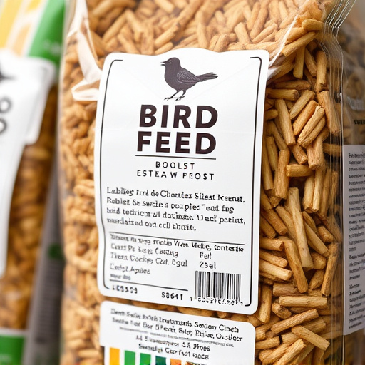 Close-up of labelled bird feed packaging