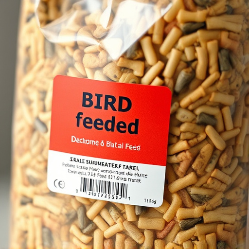 Close-up of labelled bird feed packaging