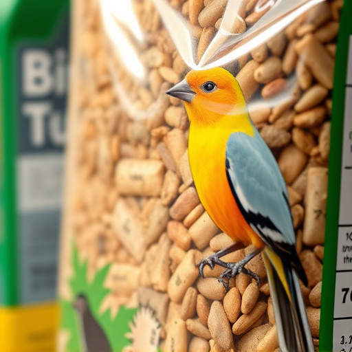 Close-up of labelled bird feed packaging