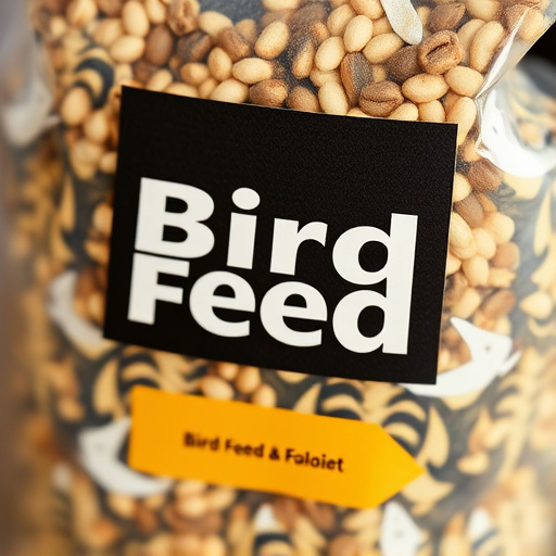 Close-up of labelled bird feed packaging