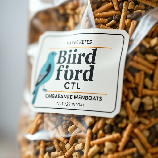 Close-up of labelled bird feed packaging