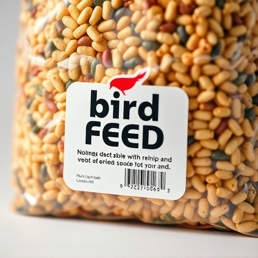 Close-up of labelled bird feed packaging