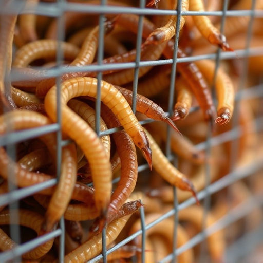 Close-up of mealworms in wire cage