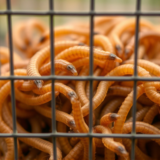 Close-up of mealworms in wire cage