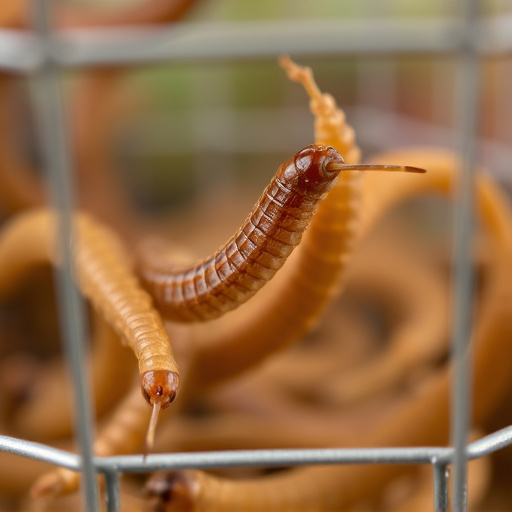 Close-up of mealworms in wire cage
