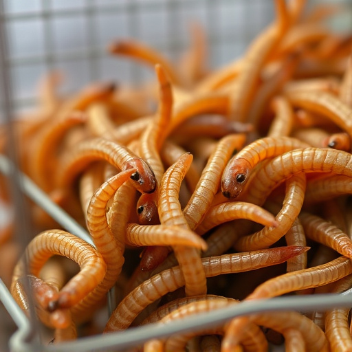 Close-up of mealworms in wire cage