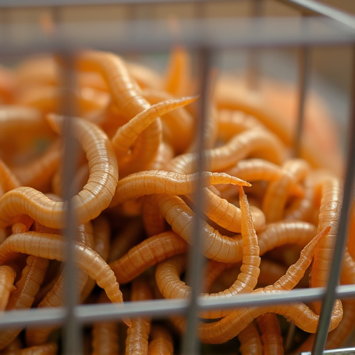 Close-up of mealworms in wire cage