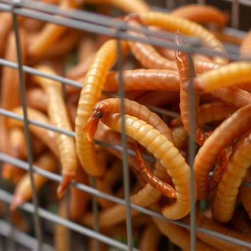Close-up of mealworms in wire cage