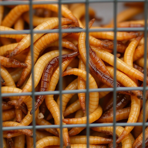 Close-up of mealworms in wire cage