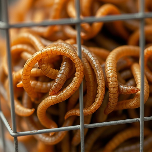 Close-up of mealworms in wire cage