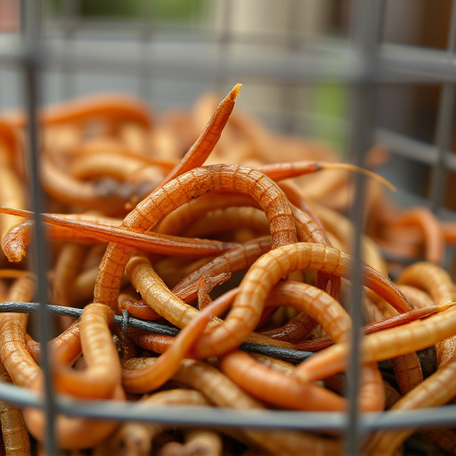 Close-up of mealworms in wire cage