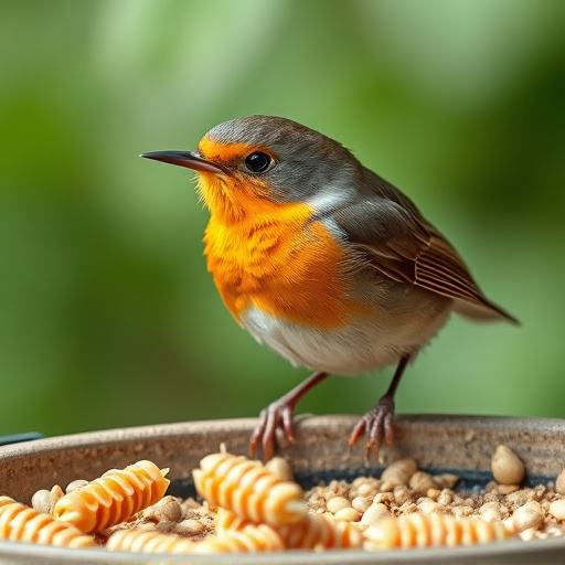 Close-up of robin near mealworm tray