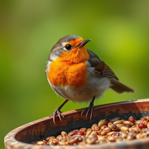 Close-up of robin near mealworm tray