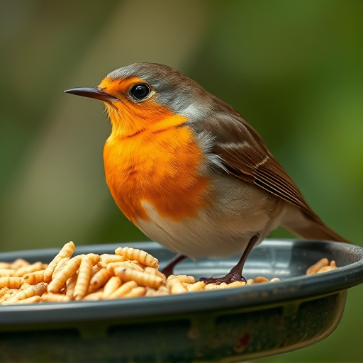 Close-up of robin near mealworm tray