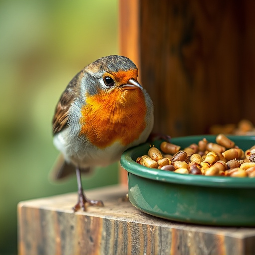 Close-up of robin near mealworm tray