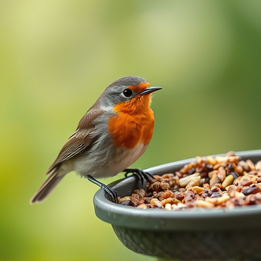 Close-up of robin near mealworm tray