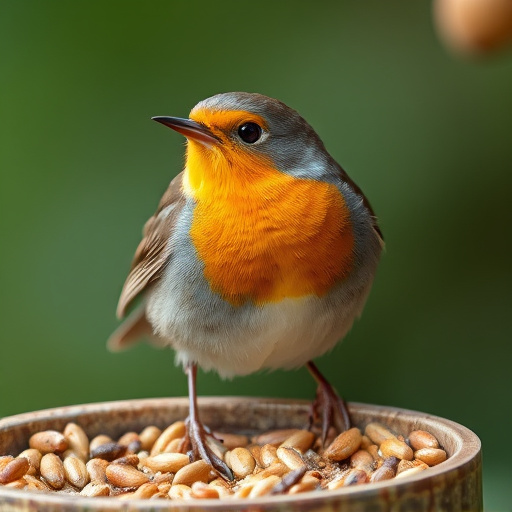 Close-up of robin near mealworm tray
