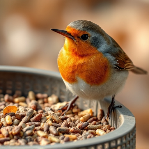 Close-up of robin near mealworm tray