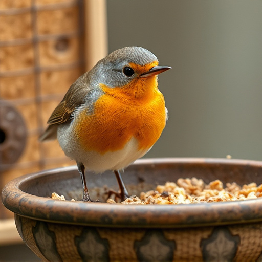 Close-up of robin near mealworm tray