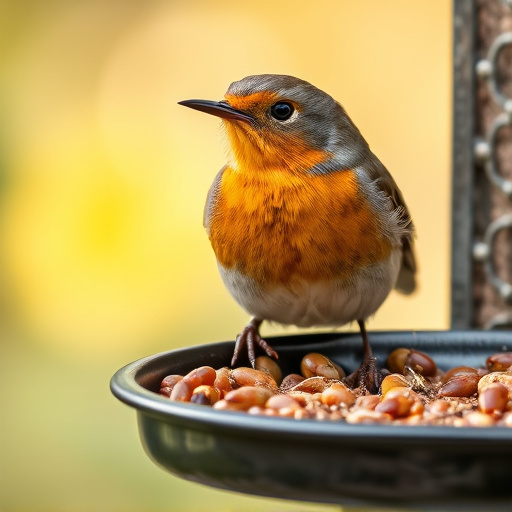 Close-up of robin near mealworm tray