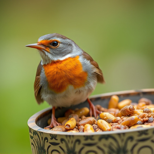Close-up of robin near mealworm tray