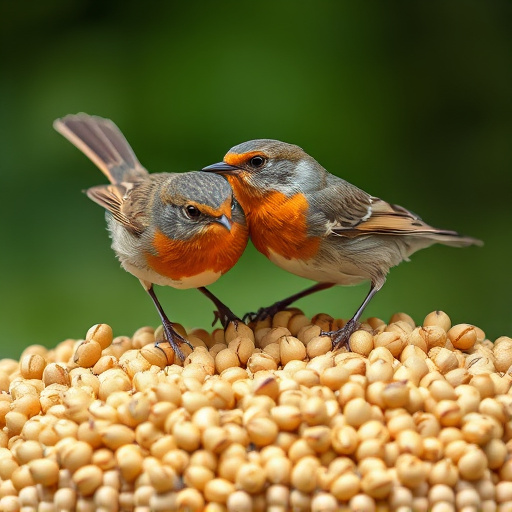 Close-up of seeds attracting small robins