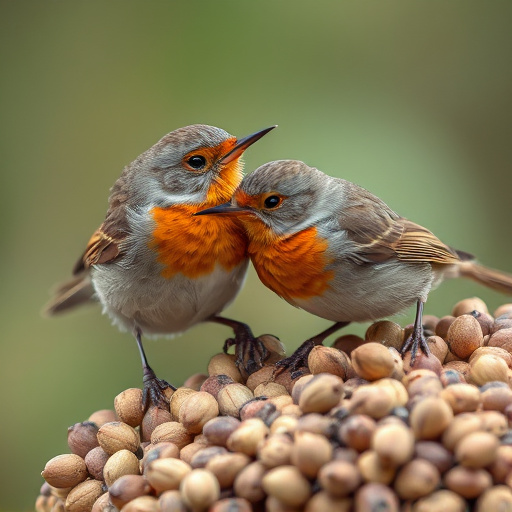 Close-up of seeds attracting small robins