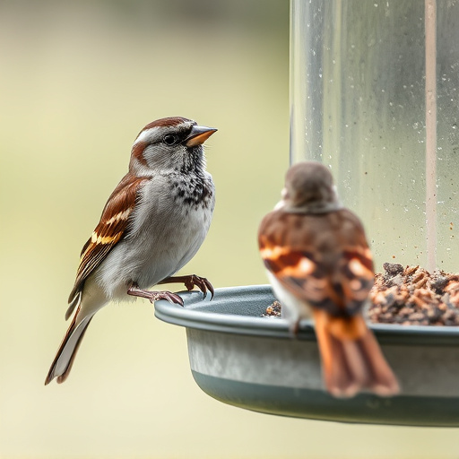 Close-up of sparrows at ground feeder