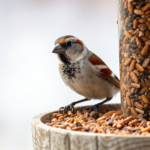 Close-up of sparrows at ground feeder