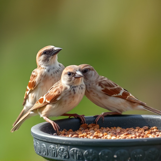 Close-up of sparrows at ground feeder