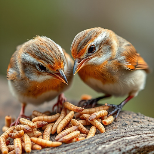 Close-up of wrens eating dried mealworms
