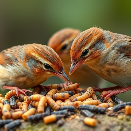 Close-up of wrens eating dried mealworms