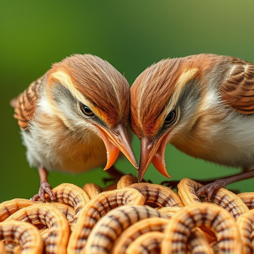Close-up of wrens eating dried mealworms