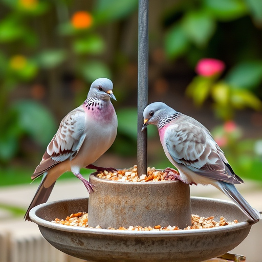 Collared doves eating from patio ground feeder