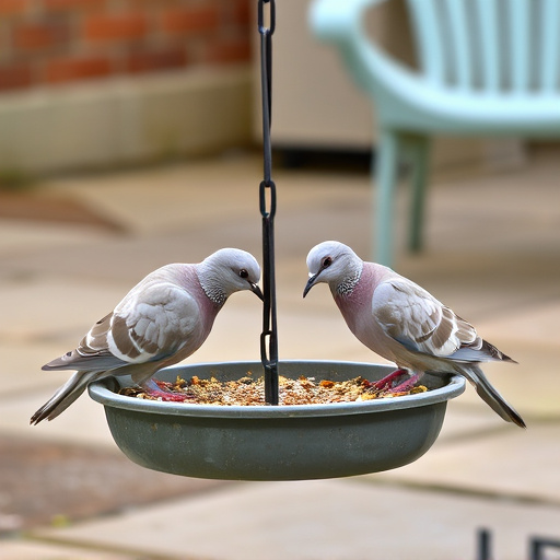Collared doves eating from patio ground feeder