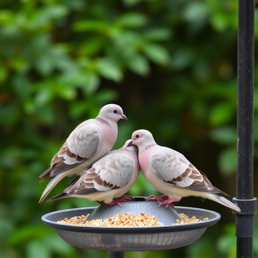 Collared doves eating from patio ground feeder