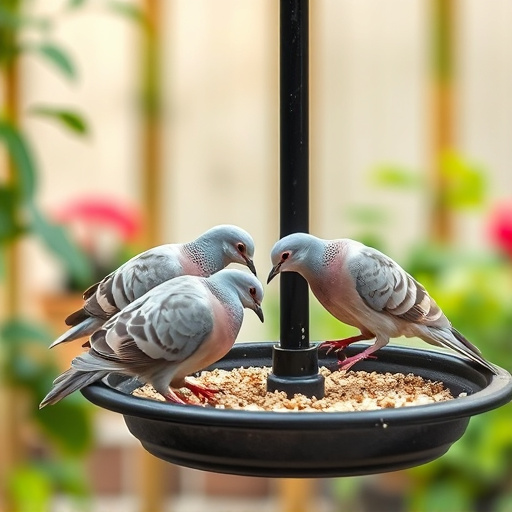 Collared doves eating from patio ground feeder