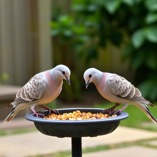 Collared doves eating from patio ground feeder