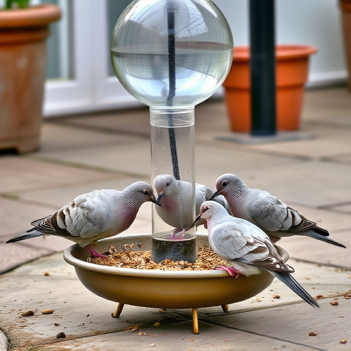 Collared doves eating from patio ground feeder