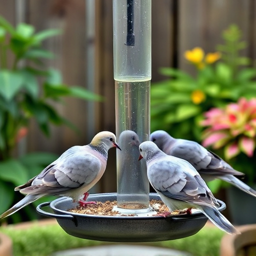 Collared doves eating from patio ground feeder