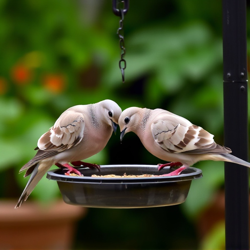 Collared doves eating from patio ground feeder