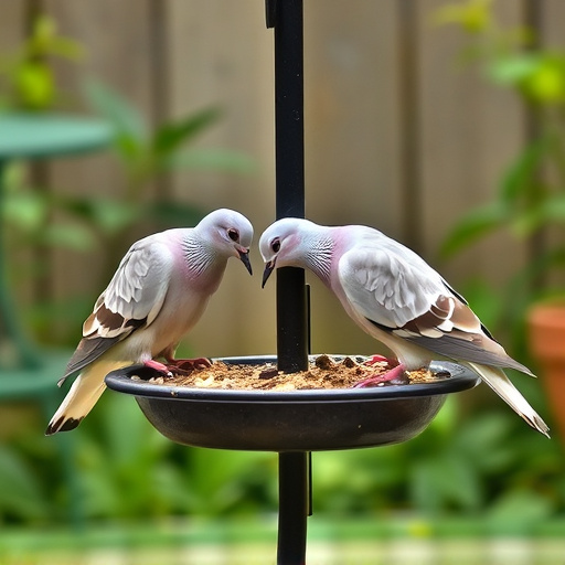 Collared doves eating from patio ground feeder
