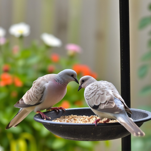 Collared doves eating from patio ground feeder