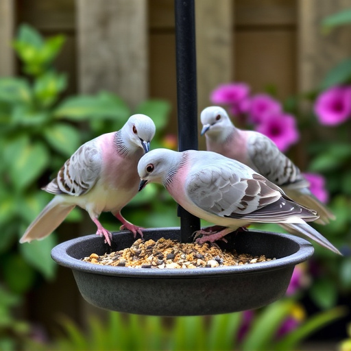 Collared doves eating from patio ground feeder